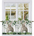 Easter Tier Curtains, Country Rabbit Botanical Leaves Wooden Grain Light Filtering Kitchen Curtains, 2Pcs Rod Pocket Half Window Treatments Panels for Sink Cafe Cabinet Camper 27.5x36 Inches