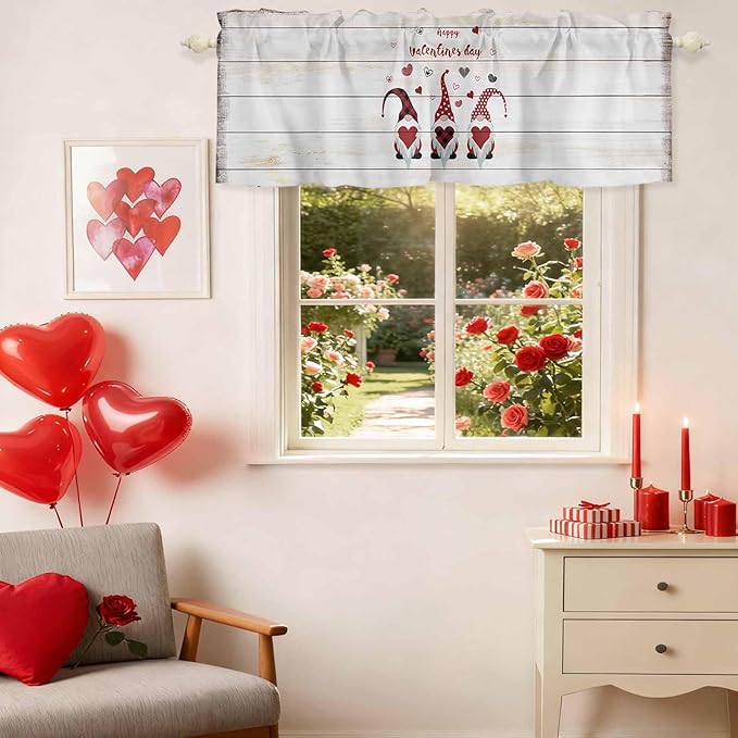 Happy Valentine's Valance Curtains for Kitchen, Day Gnomes Love Heart on Rustic Wood Grain Privacy Rod Pocket Valance Curtain, Light-Filtering Window Treatment for Bedroom Bathroom, 60"x18"