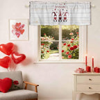 Happy Valentine's Valance Curtains for Kitchen, Day Gnomes Love Heart on Rustic Wood Grain Privacy Rod Pocket Valance Curtain, Light-Filtering Window Treatment for Bedroom Bathroom, 42"x18"