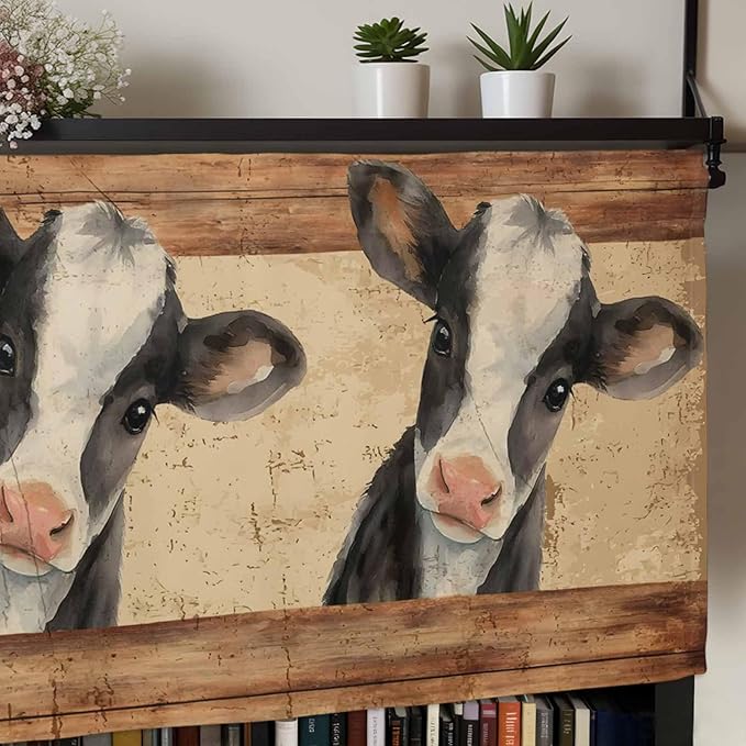 Farmhouse Cow Curtain Valances for Windows, Kitchen Valance Window Treatment, Country Vintage Animals Wooden Grain Light Filtering Block Curtains for Bathroom/Bedroom/Living Room 60'' x 18''