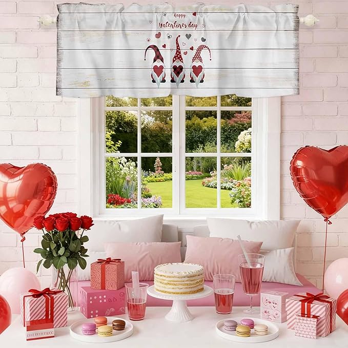 Happy Valentine's Valance Curtains for Kitchen, Day Gnomes Love Heart on Rustic Wood Grain Privacy Rod Pocket Valance Curtain, Light-Filtering Window Treatment for Bedroom Bathroom, 54"x18"