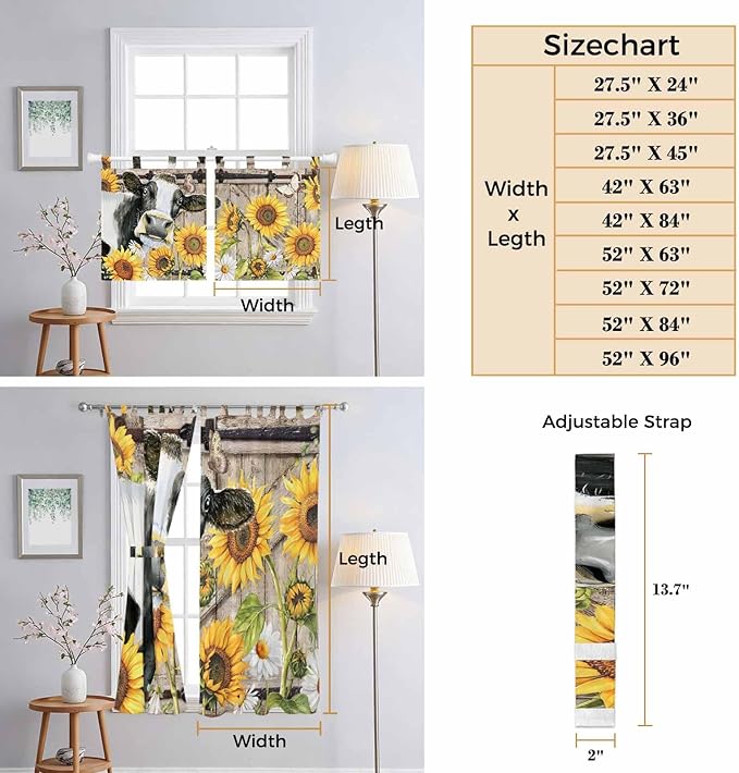 Retro Farmhouse Flower Bedroom Curtains 63 Inch Length, Window Curtains Tab Top, Yellow Sunflowers Cow Barn Doors Brown Light Filtering Window Treatments Drapes 42"x63" 2 Panel