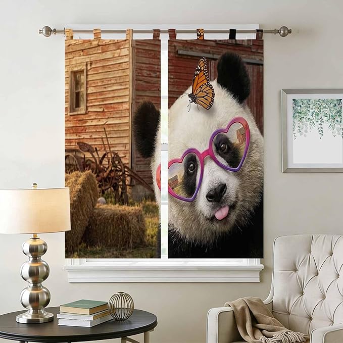 Farm Panda Bedroom Curtains 72 Inch Length, Window Curtains Tab Top, Farmhouse Barn Funny Animals Butterfly Light Filtering Window Treatments Drapes 52"x72" 2 Panel