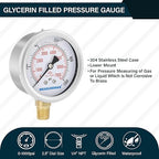 MEASUREMAN 2-1/2inch Dial Size, Liquid Filled Pressure Gauge, 0-1000psi/7000kpa, 304 Stainless Steel Case, 1/4inchNPT Lower Mount