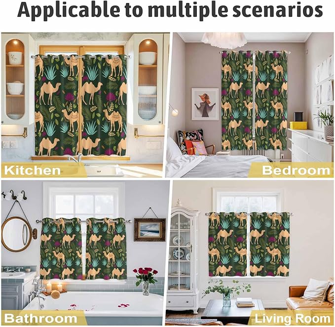 2 Panel Kitchen Cafe Curtains, Retro Desert Camel Sunlight Filtering Nature Air Through, Window Decor Tier Curtains for Living Room 104W x 90L inch Tropical Animal Aloe Vera Leaves Dark Green