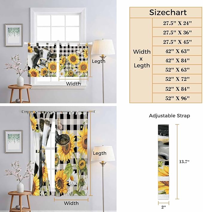 Retro Sunflowers Kitchen Curtains 36 Inch Length, Small Window Curtains Tab Top, Farmhouse Floral Cow Butterfly Black Plaid Light Filtering Short Window Treatments Tier Drapes 27.5"x36" 2 Panel