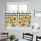 Sunflowers Kitchen Curtains 24 Inch Length, Small Window Curtains Tab Top, Yellow Flowers Butterfly Farmhouse Black Plaid Light Filtering Short Window Treatments Tier Drapes 27.5"x24" 2 Panel