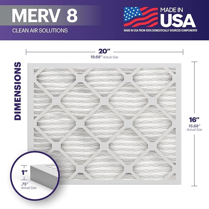 BNX 16x20x1 MERV 8 Air Filter 2 Pack - MADE IN USA - Electrostatic Pleated Air Conditioner HVAC AC Furnace Filters - Removes Dust, Mold, Pollen, Lint