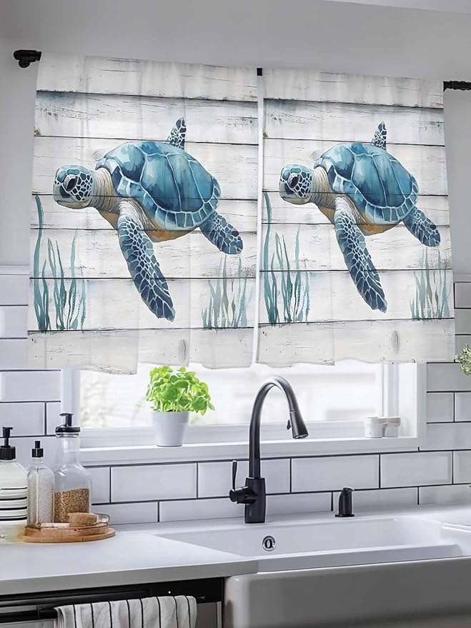 Sheer Curtains 45 Inch Length, Sea Turtle Blue Semi Sheer Curtains Light Filtering Window Treatment, Coastal Ocean Seaweed Wood Grain Privacy Voile Drapes for Living Room Bedroom 52x45 Inch