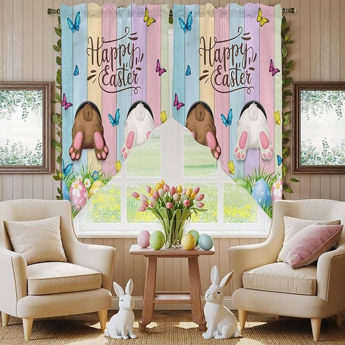 Swag Curtain Valances for Kitchen Windows,Happy Easter Rabbit Butt Egg on Daisy Leaf Short Rod Pocket Window Valance,Bufferfly on Wood Barn Swag Topper for Bedroom Living Room,2 Panels 36x36in