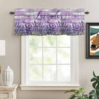 Kitchen Valances for Window, Retro Lavender on Farm Wood Grain Light Filtering Rod Pocket Valance Curtain, Watercolor Purple Flowers Short Curtains Window Topper for Bedroom Living Room 42x12in