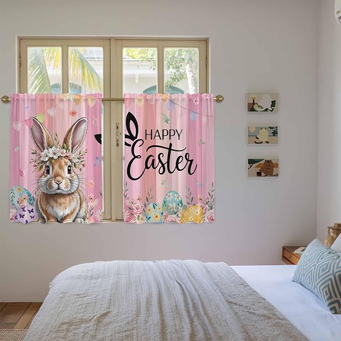 Easter Tier Curtains, Spring Rabbit Eggs Flowers Flags Leaves Wood Grain Light Filtering Kitchen Curtains, 2Pcs Rod Pocket Half Window Treatments Panels for Sink Cafe Cabinet Basement 27.5x45 Inches