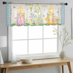 Easter Sheer Valances for Windows 54"x18", Light Filtering Kitchen Curtains Valance, Gnomes Colorful Eggs Butterfly Flowers Blue Check Rod Pocket Chiffon Curtains for Living Room Bedroom Cafe