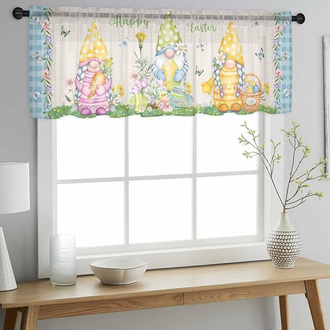 Easter Sheer Valances for Windows 42"x18", Light Filtering Kitchen Curtains Valance, Gnomes Colorful Eggs Butterfly Flowers Blue Check Rod Pocket Chiffon Curtains for Living Room Bedroom Cafe
