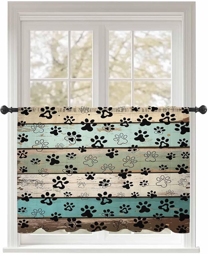 Sheer Curtains 54 Inch Length, Sage Green Brown Paw Prints Semi Sheer Curtains Light Filtering Window Treatment, Vintage Farmhouse Wooden Grain Privacy Voile Drapes for Living Room Bedroom 52x54 Inch