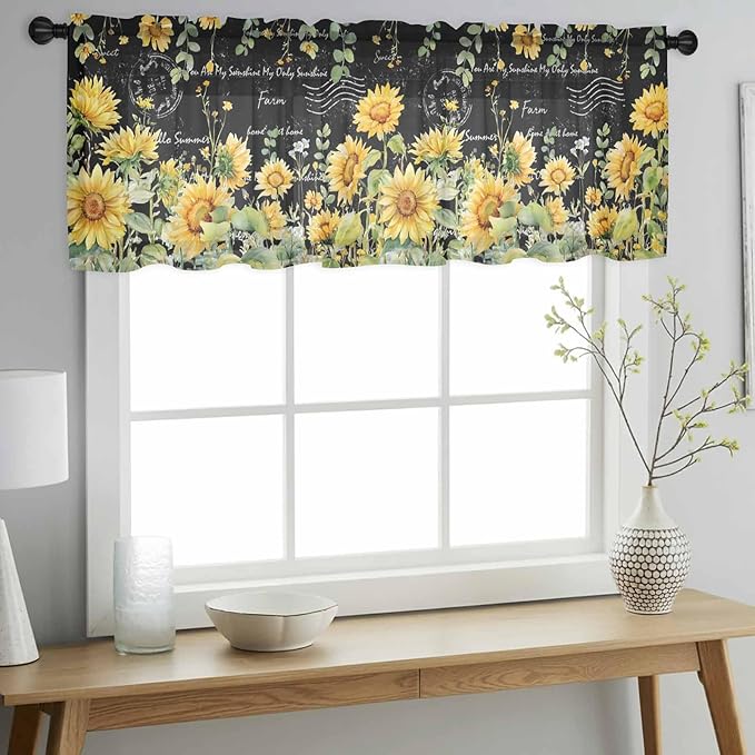 Summer Floral Sheer Valance Curtains, Watercolor Sunflower Eucalyptus Leaves Letter Print Light Filtering Kitchen Valances Rod Pocket Voile Curtain Treatment for Bedroom/Living Room/Basement 42Wx12L