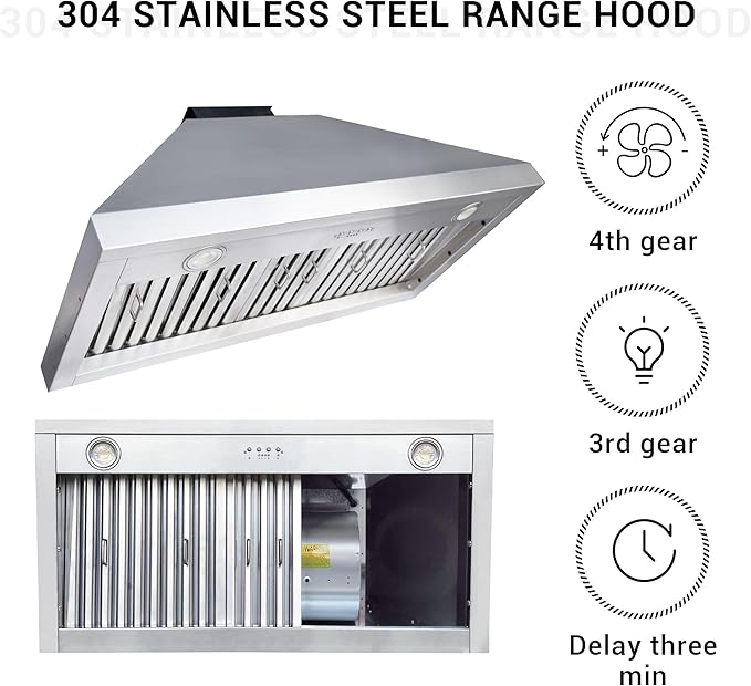 CHETTO C Stainless Steel Range Hood Cover with Quiet Vent Hood Insert Custom Handcrafted Metal Kitchen Fan with Towel Rack LED Light 36"W x27"D x27"H Brushed Stainless Steel Island Mount