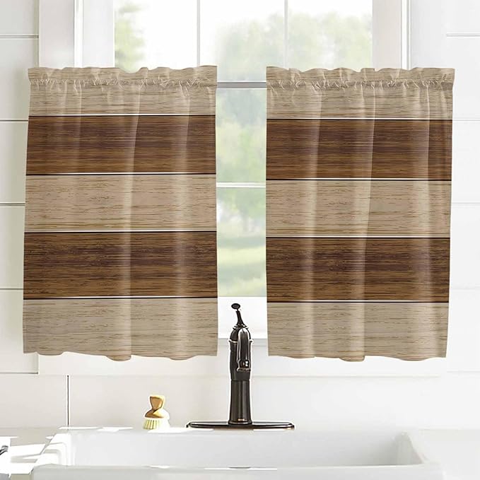 Retro Country Brown Wooden Board Window Valance Curtains, Farmhouse Gradient Plank Light Filtering Kitchen Valance with 3-inch Rod Pocket for Living Room Bathroom Bedroom,2 Panel,52x54In