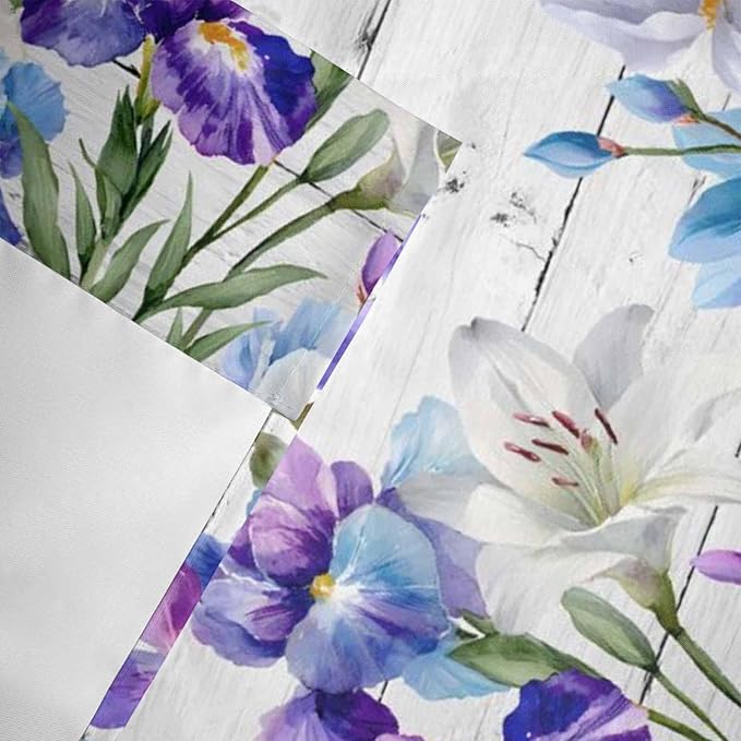 Spring Flowers Curtain Valances for Windows, Kitchen Valance Window Treatment, Watercolor Garden Florals Wooden Grain Light Filtering Block Curtains for Bathroom/Bedroom/Living Room 42'' x 12''
