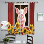 Pigs Sunflowers Living Room Curtains 84 Inch Length, Window Curtains Tab Top, Farmhouse Red Barn Flowers Animals Light Filtering Window Treatments Drapes 52"x84" 2 Panel