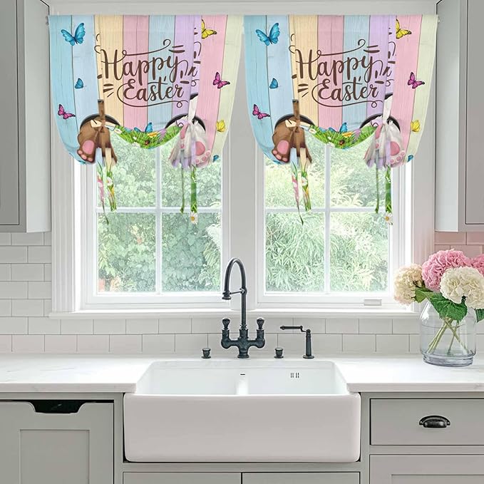 Tie Up Curtains,Happy Easter Rabbit Butt Egg on Daisy Leaf Adjustable Rod Pocket Window Shade Curtain Drape Bufferfly on Wood Barn Tie-Up Valance for Kitchen Bedroom Living Room Windows,42"x45"