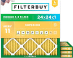 Filterbuy 24x24x1 Air Filter MERV 11 Superior Pet & Allergy Defense (4-Pack), Electrostatic Pleated HVAC AC Furnace Filters Replacement, Made in USA (Actual Size: 23.38 x 23.38 x 0.75)