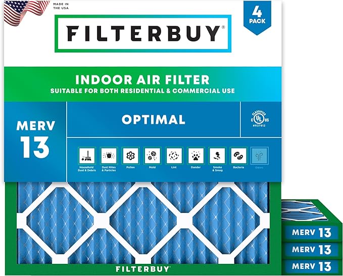 Filterbuy 30x30x1 Air Filter MERV 13 Optimal Smoke & Allergy Defense (4-Pack), Electrostatic Pleated HVAC AC Furnace Filters Replacement, Made in USA (Actual Size: 29.50 x 29.50 x 0.75)