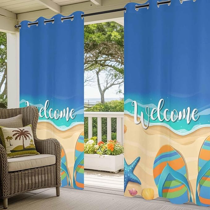 Summer Outdoor Curtains for Patio Beach Slippers Plumeria Waterproof Outside Curtains with Grommet Top Weatherproof Curtain for Cabana Pergola Gazebo, 2 Pack, 54" W x 84" L