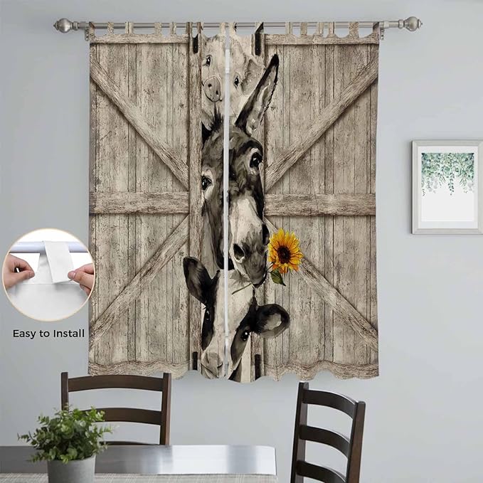 Funny Farm Animals Living Room Curtains 84 Inch Length, Window Curtains Tab Top, Vintage Barn Brown Sunflowers Light Filtering Window Treatments Drapes 52"x84" 2 Panel