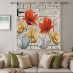 Retro Floral Bedroom Curtains 72 Inch Length, Window Curtains Tab Top, Red Yellow Tulips Barm Doors Farmhouse Wooden Light Filtering Window Treatments Drapes 52"x72" 2 Panel