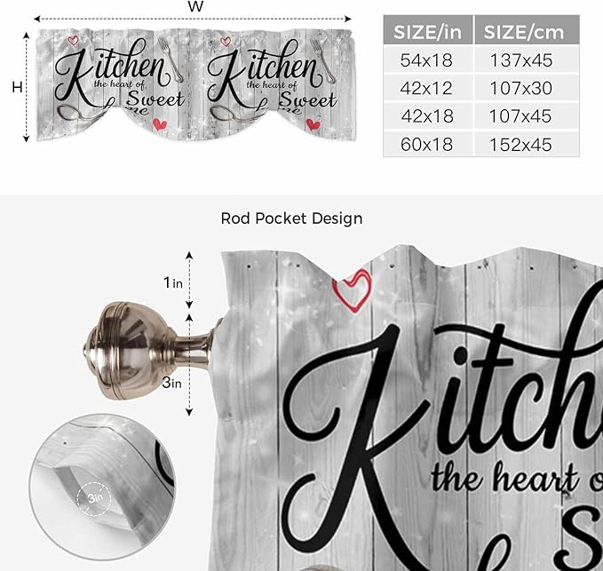 Kitchen Knife Fork Tie Up Valance Curtains for Windows, Kitchen Curtains Window Shades, Vintage Love Heart Grey Wood Grain Light Filtering Roman Curtain Valances for Bedroom/Bathroom/Cafe 54"x18"