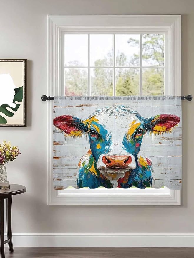 Sheer Curtains 45 Inch Length, Rustic Cow Semi Sheer Curtains Light Filtering Window Treatment, Vintage Colorful Animals Art Wooden Grain Privacy Voile Drapes for Living Room Bedroom 52x45 Inch