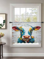 Sheer Curtains 54 Inch Length, Rustic Cow Semi Sheer Curtains Light Filtering Window Treatment, Vintage Colorful Animals Art Wooden Grain Privacy Voile Drapes for Living Room Bedroom 52x54 Inch
