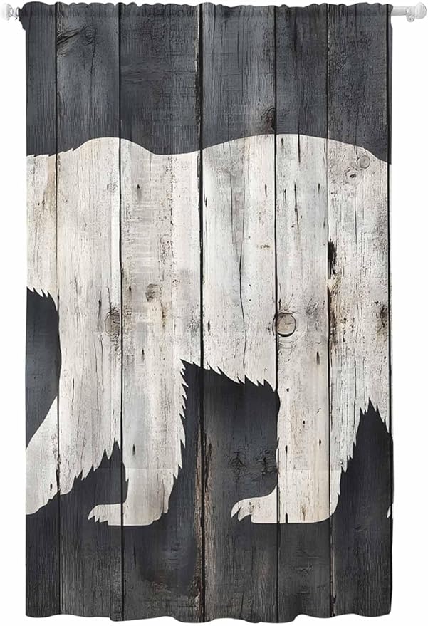 Sheer Curtains 108 Inches Long, White Brown Bear Semi Sheer Curtains Light Filtering Window Treatment, Rustic Counrty Vintage Wood Grain Privacy Voile Drapes for Living Room Bedroom 52x108 Inch