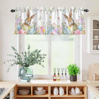 Kitchen Curtains Tiers and Valance Set of 3, Easter Light Filtering Window Curtain Set, Spring Rabbit Colorful Eggs Budding Florals Leaf Rod Pocket Curtain Drapes for Living Room, 24 Inches Tiers