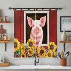 Pigs Sunflowers Bedroom Curtains 72 Inch Length, Window Curtains Tab Top, Farmhouse Red Barn Flowers Animals Light Filtering Window Treatments Drapes 52"x72" 2 Panel