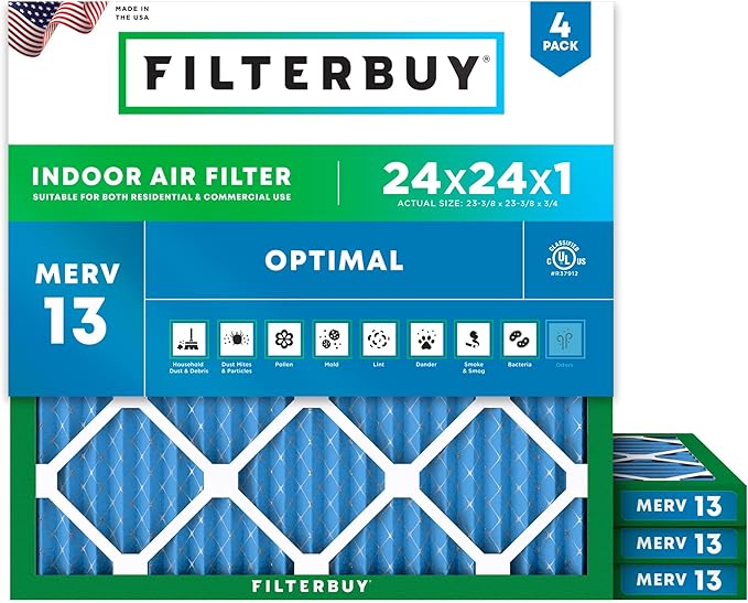 Filterbuy 24x24x1 Air Filter MERV 13 Optimal Smoke & Allergy Defense (4-Pack), Electrostatic Pleated HVAC AC Furnace Filters Replacement, Made in USA (Actual Size: 23.38 x 23.38 x 0.75)