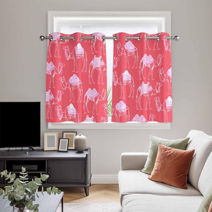 2 Panel Kitchen Cafe Curtains, Desert Camel Sunlight Filtering Nature Air Through, Home Decor Window Covering Tier Curtains for Living Room 104W x 52L inch Summer Sand Camel Animal Vintage Pink