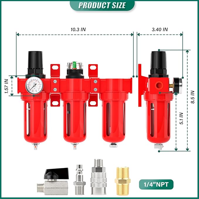 Industrial Grade Three-Stage Air Drying System, 0-150 PSI, 1/4 Inch NPT, Aluminum Alloy, with Particulate Filter, Coalescing Filter, Desiccant Dryer, and Air Regulator (Manual Drainage)