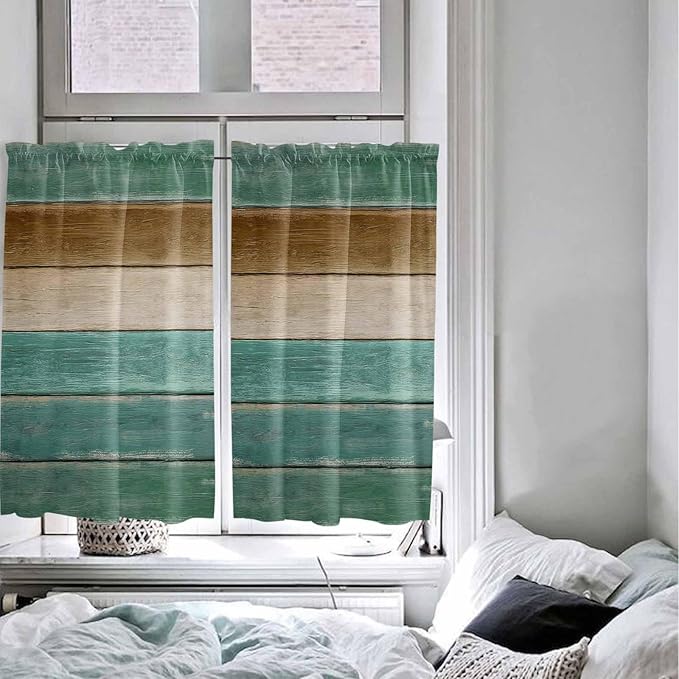 Vintage Plank Turquoise Brown Window Valance Curtains, Farmhouse Wood Grain Light Filtering Kitchen Valance with 3-inch Rod Pocket for Living Room Bathroom Bedroom,2 Panel,42x45In