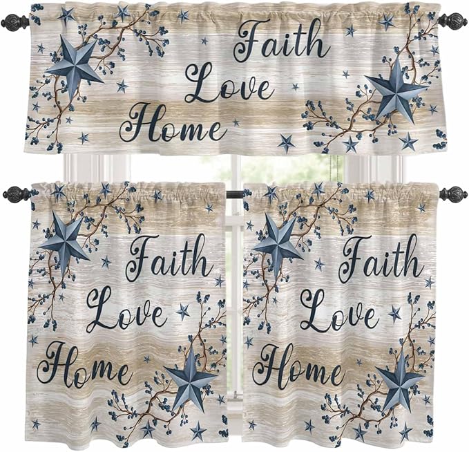 Kitchen Curtains Tiers and Valance Set of 3, Vintage Country Light Filtering Window Curtain Set, Blue Rustic Texas Star Vines Wooden Grain Rod Pocket Curtain Drapes for Living Room, 36 Inches Tiers