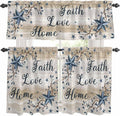 Kitchen Curtains Tiers and Valance Set of 3, Vintage Country Light Filtering Window Curtain Set, Blue Rustic Texas Star Vines Wooden Grain Rod Pocket Curtain Drapes for Living Room, 24 Inches Tiers