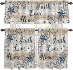 Kitchen Curtains Tiers and Valance Set of 3, Vintage Country Light Filtering Window Curtain Set, Blue Rustic Texas Star Vines Wooden Grain Rod Pocket Curtain Drapes for Living Room, 24 Inches Tiers