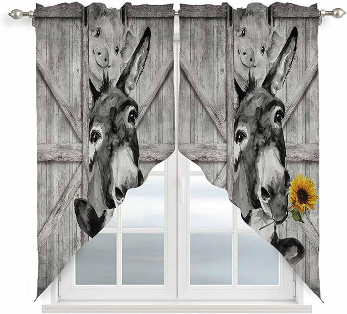 Funny Farm Animals Swag Valances for Windows, Vintage Barn Grey Sunflowers Rod Pocket Kitchen Curtains Valance, Small Window Curtains Swag for Cafe Bathroom Living Room, 2 Panels, 28x36 inch