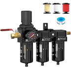 NEWPO 3/8" NPT Air Drying System for Water Separator,3 Stage Compressed Air Filter Regulator Combo, 5＆0.5&0.01 Micron Filter Cartridge,Semi-Auto Drain, Metal Bracket-Black
