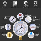 0-100 Psi Lead-Free Glycerin Liquid Filled Low Pressure Gauge, 2.5" Dial Size, 1/4" G Lower Mount, 304 Stainless Steel Case, for Water Pipe, HVAC, Water Oil Air Pressure Test