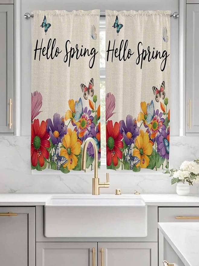 Spring Flowers Living Room Curtains 72 Inches length, Farmhouse Vintage Country Colorful Floral Window Treatment Curtain Drapes, Light Filtering Drapes for Bedroom Laundry Room, 52"x72", 2 Panels
