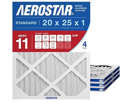 Aerostar 20x25x1 MERV 11 Air Filter, 4 Count, ACTUAL SIZE (19.75 x 24.75 x 0.75), HVAC, Air Conditioning & Furnace Filter for Dust, Pet Dander, Smoke & Allergies (MPR 1200 / FPR 7), Made in USA