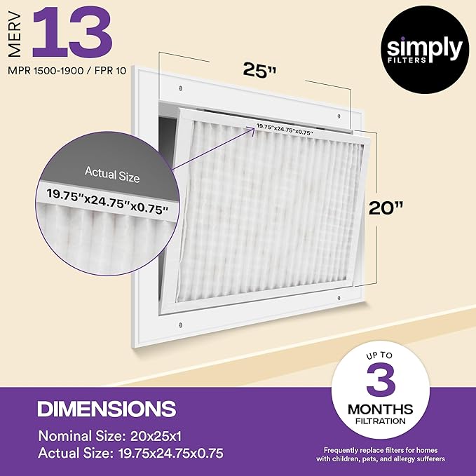 Simply 20x25x1 Air Filter, Merv 13, 6 Pack, For Home AC Furnace & HVAC (Actual Size: 19.75"x24.75"x0.75") DUST, Pet, & Allergy Control