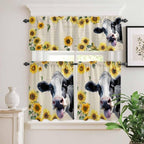 Kitchen Curtains Tiers and Valance Set of 3, Cow Sunflowers Light Filtering Window Curtain Set, Country Vintage Animals Floral Leaves Rod Pocket Curtain Drapes for Cafe, Living Room, 36 Inches Tiers